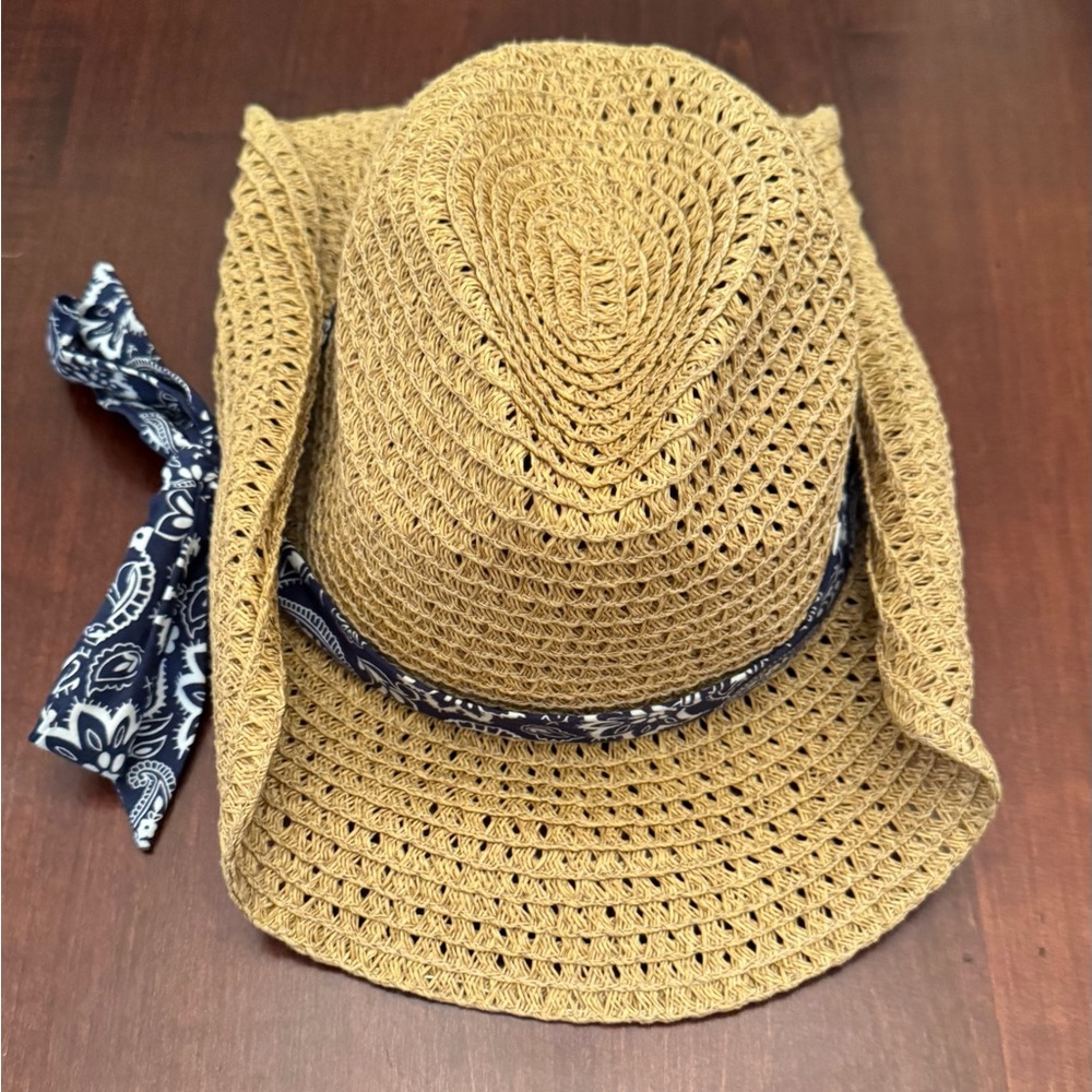 San Diego Hat Company Women's Crocheted Raffia Cowboy Hat with blue bandanna.